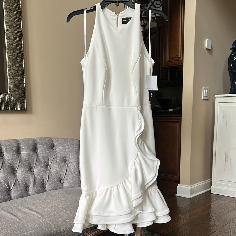 Betsy & Adam Ivory Ruffle High Low Cocktail Dress Size 4 NWT